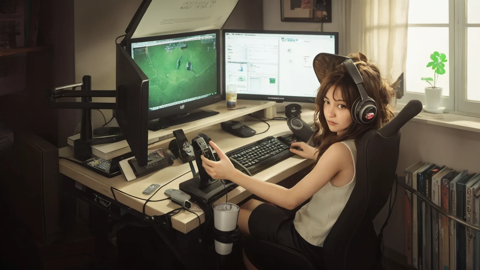 Photography in (stvmccrr style), a girl playing pc game, analog film, film grain, kodachrome, 8k, hdr, masterpiece, award winning photography