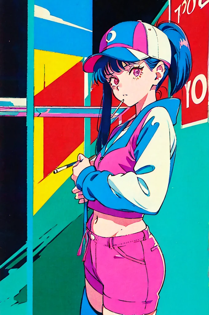 Woman in baseball cap,He is holding up a cigarette and smoking.。, Anime atmosphere of the 80s, 90s anime style, 90s anime style, 80s anime style, In 80s anime art style, 90s anime art style, Anime atmosphere, 80s anime art style, 1980's anime style,Neon Light