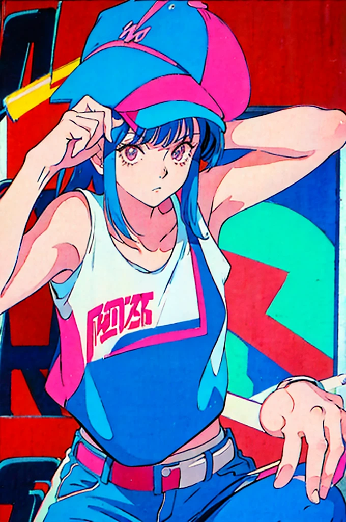 Woman in baseball cap,He is holding up a cigarette and smoking.。, Anime atmosphere of the 80s, 90s anime style, 90s anime style, 80s anime style, In 80s anime art style, 90s anime art style, Anime atmosphere, 80s anime art style, 1980's anime style,Neon Light