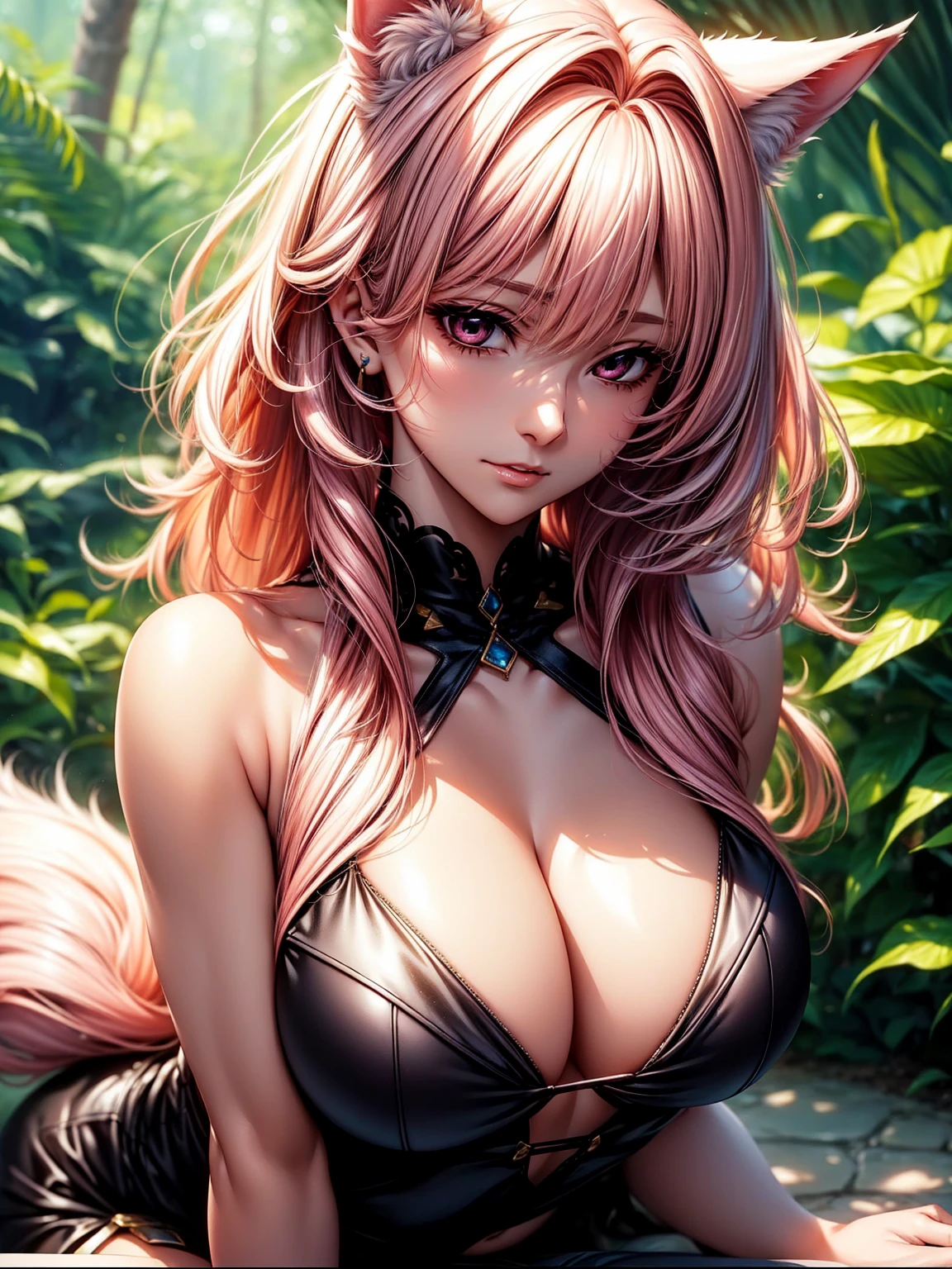 top quality、masterpiece、very high resolution、Ultra high quality、High quality pixels)、perfect eyes, perfect face, Perfect body,alone,8K, Big breasts,(Detailed description of hair), (Detailed description of face),(detailed description of body), Fair and translucent skin, gorgeous, long legs, Detailed expression of light pink hair, Details have been updated,(opaque light pink Eye color: 1.1),model pose,wolf ears,pink wolf tail, poetic environment, girlfriend ssmile, Russian face feature, gentle expression, natural hanging hair, rainforest, official outfit