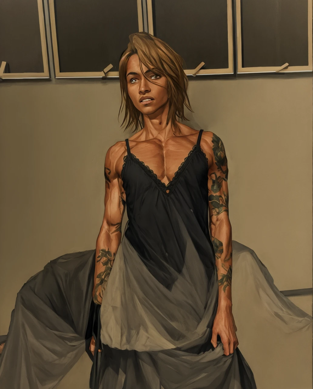 A muscular man with sweat, athletic body, detailed facial features, intense expression, dynamic pose, dramatic lighting, cinematic composition, photorealistic, 8k, high quality, hyper detailed, chiaroscuro lighting, dynamic action, powerful, shirtless, sculpted physique, glistening skin, veins, striated muscles, dramatic shadows, warm color palette