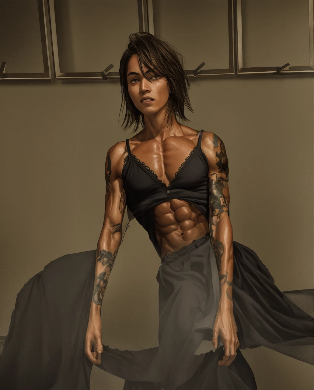 A muscular man with sweat, athletic body, detailed facial features, intense expression, dynamic pose, dramatic lighting, cinematic composition, photorealistic, 8k, high quality, hyper detailed, chiaroscuro lighting, dynamic action, powerful, shirtless, sculpted physique, glistening skin, veins, striated muscles, dramatic shadows, warm color palette