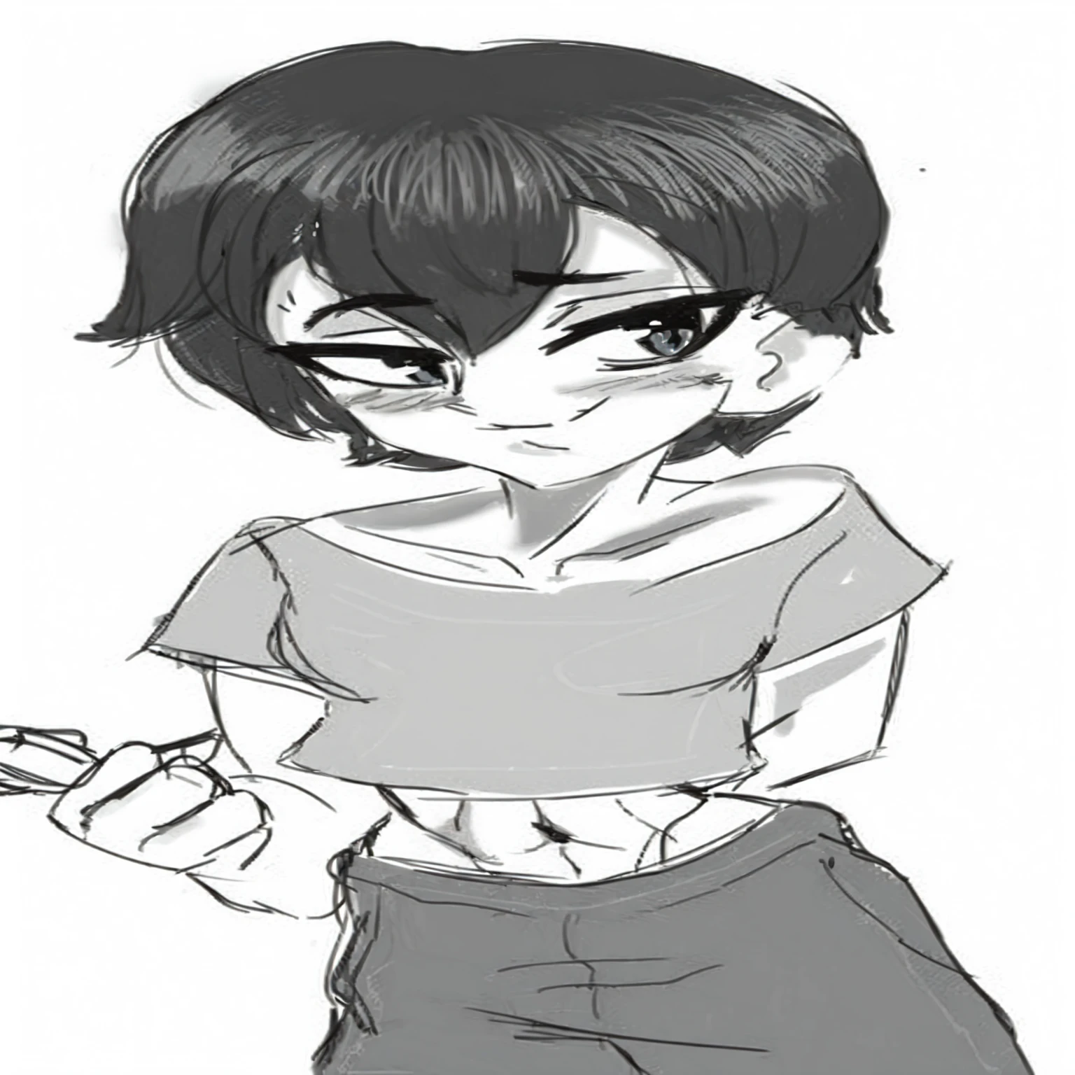 Black and white sketch, anime girl, short black hair, large expressive eyes, mischievous smile, cropped shirt, hand holding an object, toned abs