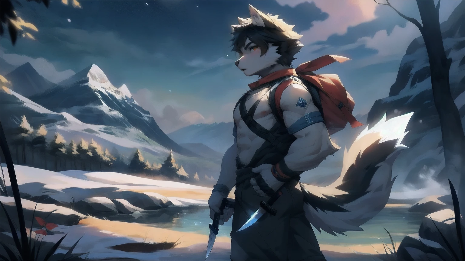 White Wolf,male,juvenile,black hair,Sky blue eyes,hairy,hairy脸,Wolf ears,Wolf Tail,arm,White top,Black pants,Combat uniform,Snow Mountain,Snowy Night,snow,walk,bust,With a long knife on his back,The handle is exposed,Hand clenched into fist,the climb,A firm look,Confident expression
