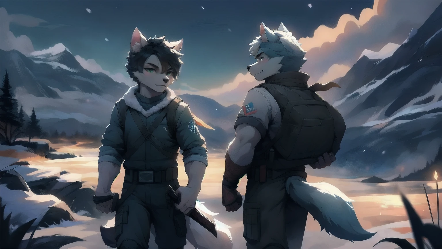 White Wolf,male,juvenile,black hair,Sky blue eyes,hairy,hairy脸,Wolf ears,Wolf Tail,arm,White top,Black pants,Combat uniform,Snow Mountain,Snowy Night,snow,walk,bust,With a long knife on his back,The handle is exposed,Hand clenched into fist,the climb,A firm look,Confident expression