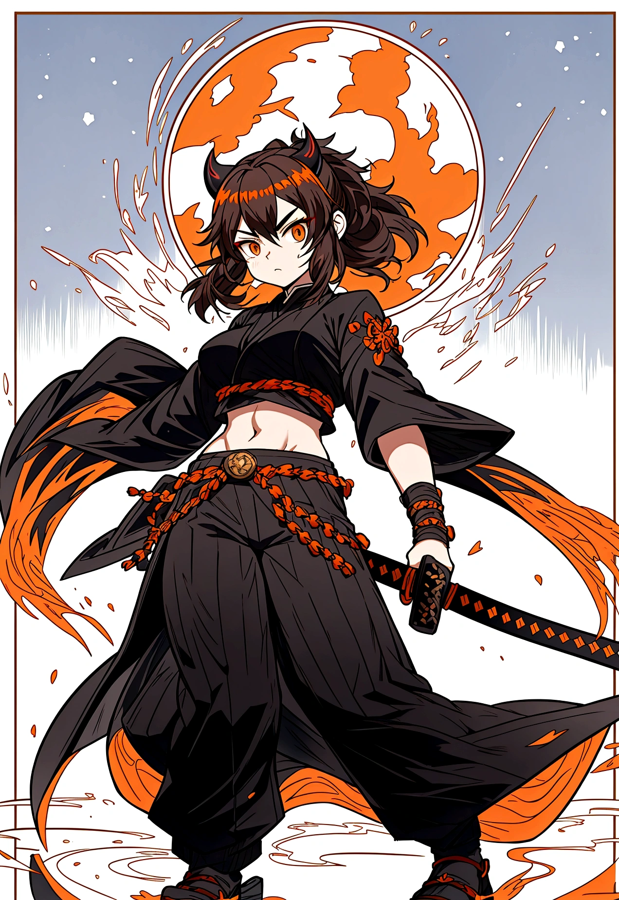 A warrior woman inspired by "Demon Slayer" wears a stylish and powerful Hashira uniform. She wears a black top that reveals her toned stomach, paired with fitted black pants. Black kimono has tips adorned with a gradient of flames, from yellow to orange. She has medium hair, loose and curled, emoldurando seu rosto. His dark brown eyes exude determination and wisdom.. She holds a katana tightly, and around you, there is an aura of dancing flames, reflecting its intense presence. The scenery is dramatic, with a full moon in the sky.
