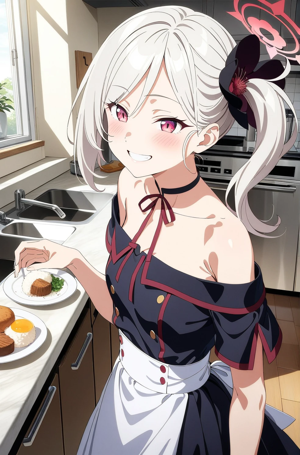 best quality, amazing quality, very aesthetic, absurdres, (1girl, mutsuki, blue archive, solo, red eyes, white hair, side ponytail), (realistic face:0.9),(off-shoulder dress:1.8),dress lift, (grin, blush, thigh:1.3), (cowboy shot), (glowing eyes), (half closed eyes:0.9), (from side:2),(official art:1.3), (kitchen), expressive eyes, perfect face, 4k, extremely detailed anime illustration, extremely detailed eyes, perfect anatomy, light rays, extremely delicate body, smooth skin, (school background:1.5), clear eyes, beautiful face, small breasts,(anime style:1.7), (Warm Light:1.5), (highres:2), In the kitchen, brightly lit by the morning sun, a woman in a white apron is smiling at us. In her right hand is a handful of rice balls, and in her left is a small white plate filled with salt. Her smile is as if she is saying, "Look, it's almost ready.