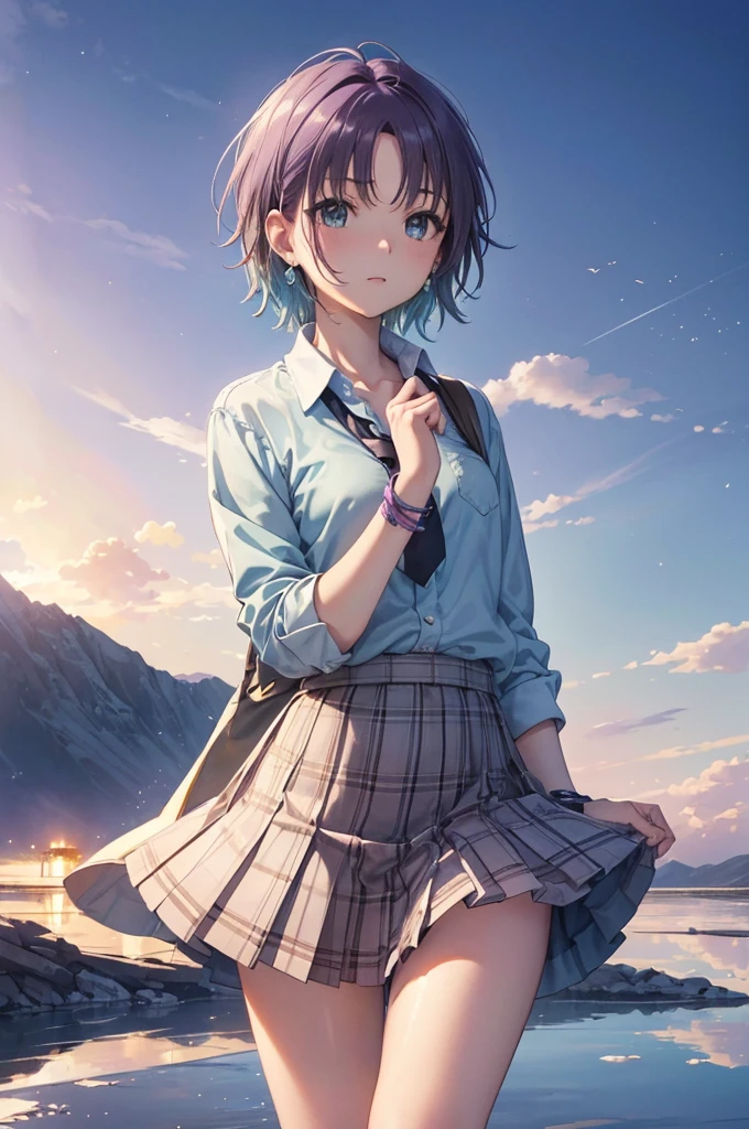 ((Highly detailed face,Perfect Face)),(Beautiful Face: 1.1), (((Perfect hands,Perfect Anatomy))),Sexy Body,Browsing Caution, <skin、The hair、quality> Transparency, Glowing Skin, shiny hair, <quality> Top quality, 4kquality, High resolution, 超High resolution, 8K,(Vibrant colors: 1.2), High resolution, Super detailed, Ultra Sharp, super High resolution, Film script, , (wonderful_quality: 1.0), ((toru asakura、blue hairs、Earrings、gradation hair、multi color hair、分けた前hair、Purple hair、short_hair, )), <sight、Expressionless、Pause prompt> Sparkling Eyes,View Viewer, blush, ((,Back view)), Fascinating, Shining Eyes, Nice face, Are standing , Raise one leg, ((masterpiece)), top-quality, Anime Art Wallpaper 8K, Walking on Water((toru asakura、blue hairs、Earrings、gradation hair、multi color hair、分けた前hair、Purple hair、short_hair, barefoot, Loose tie、cardigan、Plaid、Plaidスカート、Pleated skirt、、Skirt、Rolled up my sleeves、Wristband )),, ripple, Dawn Background, Saturn in the background, Awareness-raising, Concept Art, And soul, Key Visual, WLOPによるトレンドのpixiv Fanbox, Greg Rutkowski, Makoto Shinkai, Mamoru Hosoda, Studio Ghibli, Uyuni Salt Flats scenery