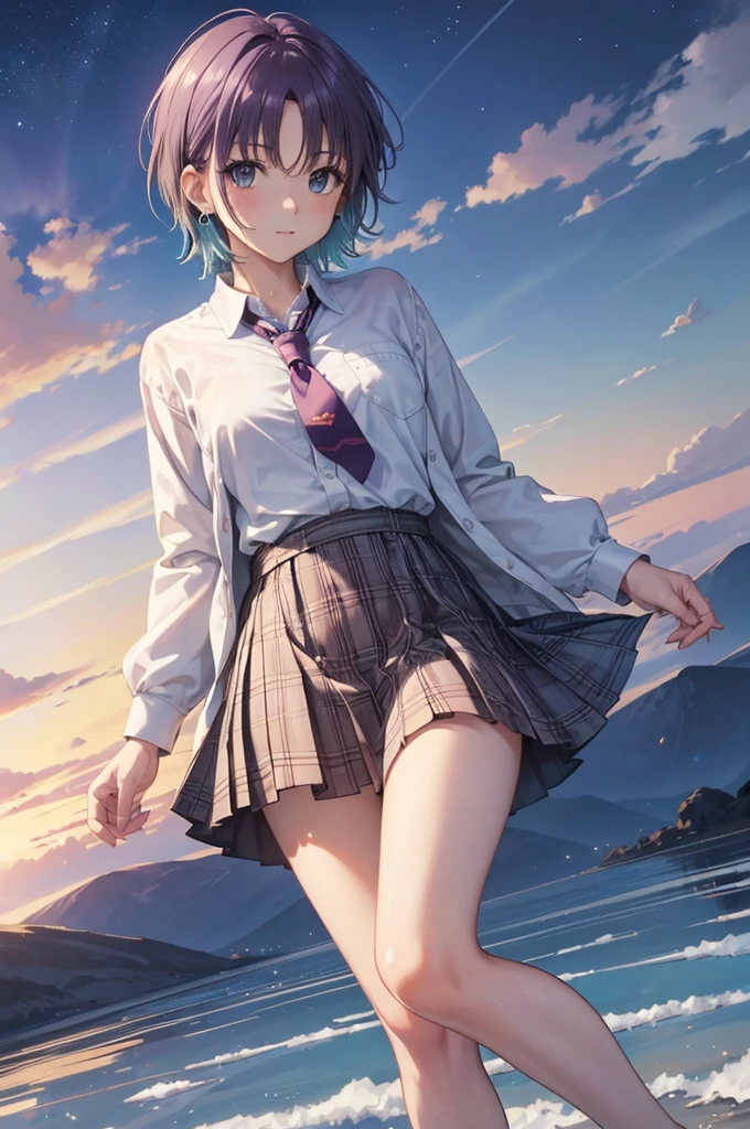 ((Highly detailed face,Perfect Face)),(Beautiful Face: 1.1), (((Perfect hands,Perfect Anatomy))),Sexy Body,Browsing Caution, <skin、The hair、quality> Transparency, Glowing Skin, shiny hair, <quality> Top quality, 4kquality, High resolution, 超High resolution, 8K,(Vibrant colors: 1.2), High resolution, Super detailed, Ultra Sharp, super High resolution, Film script, , (wonderful_quality: 1.0), ((toru asakura、blue hairs、Earrings、gradation hair、multi color hair、分けた前hair、Purple hair、short_hair, )), <sight、Expressionless、Pause prompt> Sparkling Eyes,View Viewer, blush, ((,Back view)), Fascinating, Shining Eyes, Nice face, Are standing , Raise one leg, ((masterpiece)), top-quality, Anime Art Wallpaper 8K, Walking on Water((toru asakura、blue hairs、Earrings、gradation hair、multi color hair、分けた前hair、Purple hair、short_hair, barefoot, Loose tie、cardigan、Plaid、Plaidスカート、Pleated skirt、、Skirt、Rolled up my sleeves、Wristband )),, ripple, Dawn Background, Saturn in the background, Awareness-raising, Concept Art, And soul, Key Visual, WLOPによるトレンドのpixiv Fanbox, Greg Rutkowski, Makoto Shinkai, Mamoru Hosoda, Studio Ghibli, Uyuni Salt Flats scenery