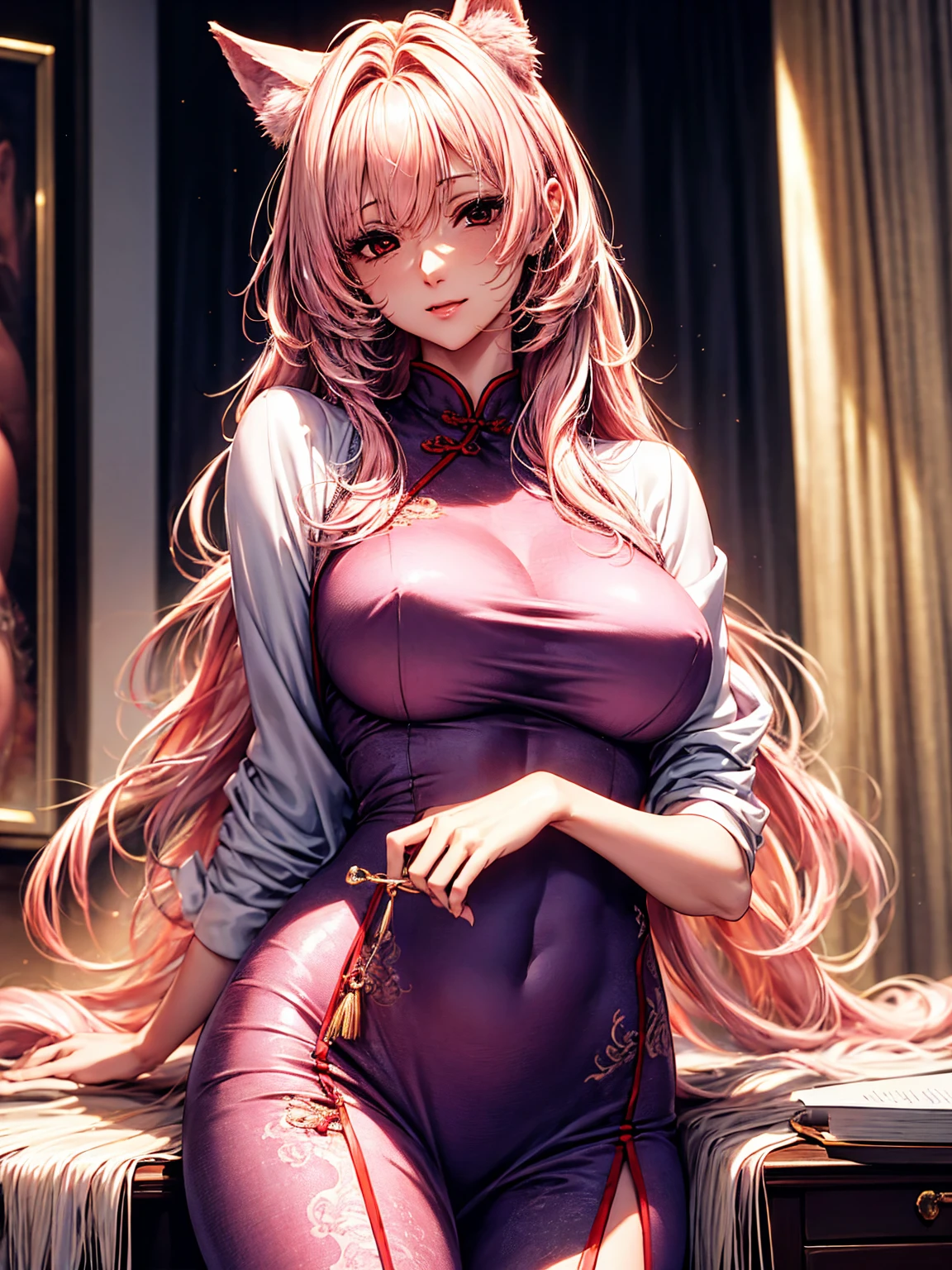 top-quality、tmasterpiece、Very high resolution、super high image quality、High-quality pixels)、perfect eyes, perfect face, perfect body figure,solo,8K, large breast,(Detailed description of hair), (Detailed description of face),(Detailed description of body), fair and clear skin, matchless beauty, long legged, light pink hair details expressed, The details have been upgraded,(light pink eyeball:1.3),model posture,wolf ears,pink wolf tail,poetic environment,chinese-style bedroom,cowboy shot,stylish long cheongsam, behind desk, writing, girlfriend ssmile, Russian face feature, gentle expression