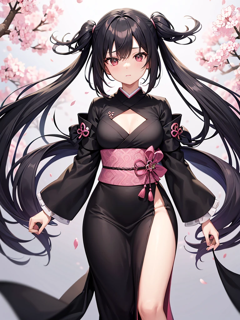 best quality, character design sheet, adult woman、No hat on, Black and pink hair, whole body, Head to Toe, Fortuneteller、Standing facing forward, Beautiful black dress, long Black Hair, Pure white background, from front, best quality, Cherry blossom pattern、Japanese、Adult Japanese、Clear eyes、Standing facing forward、The face is facing forward、holding a magic card in hand、White background、Black western dress、Neutral face、Black hair with pink inner color