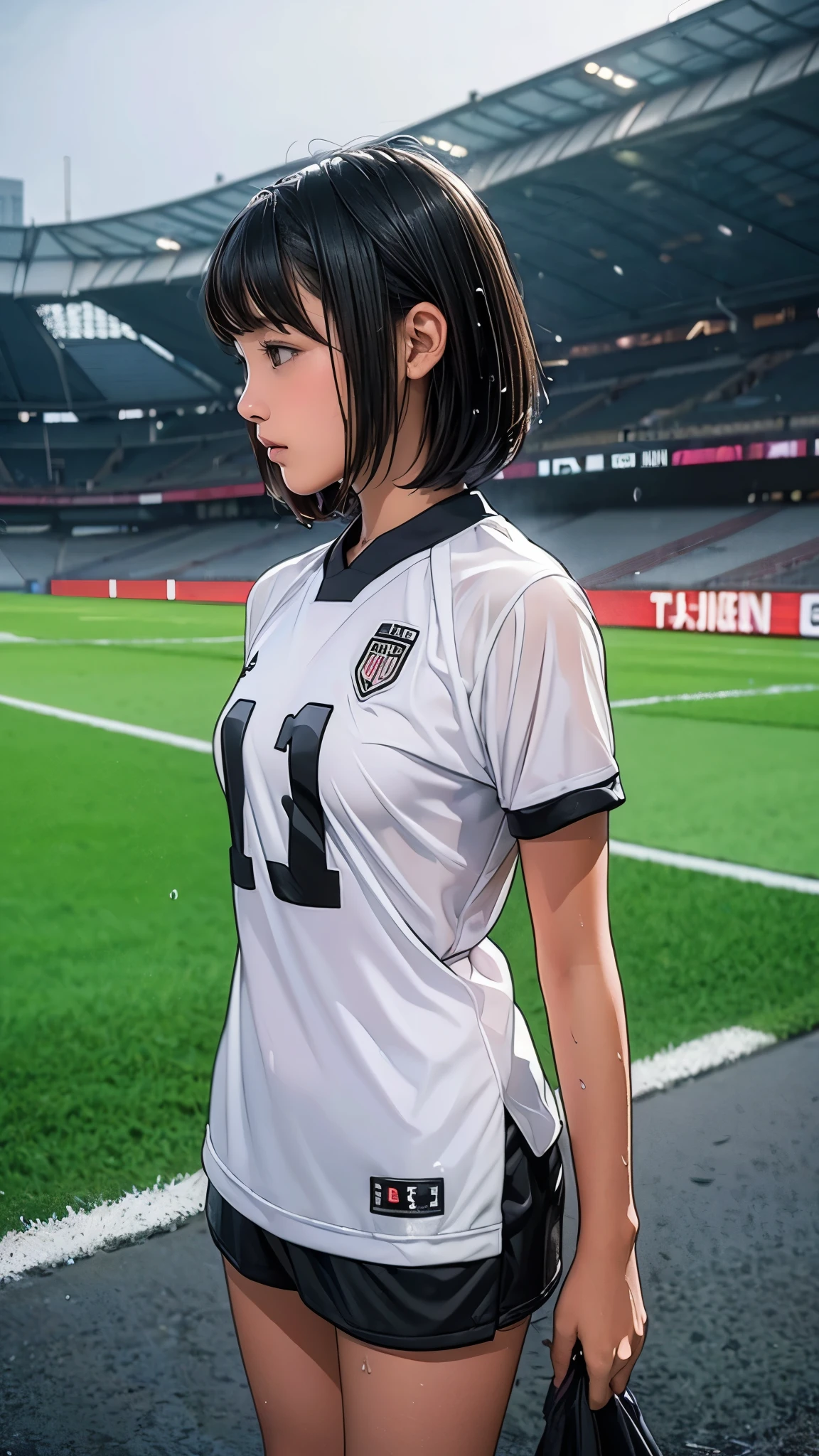 ((13-year-old girl, Very slim)), rain, heavy rain, Black Hair, Bobcut, Football Stadium, (Soccer uniforms, White, Wet Hair, Wet Skin, Wet clothes)