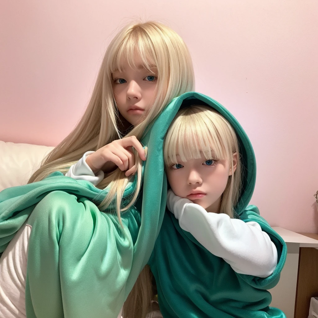 Pale blonde teenage girl with bangs and blue-green eyes soft silky hair, with a long white sweatshirt and white pants sleeping in his room with a pink wall, photo 0.5x