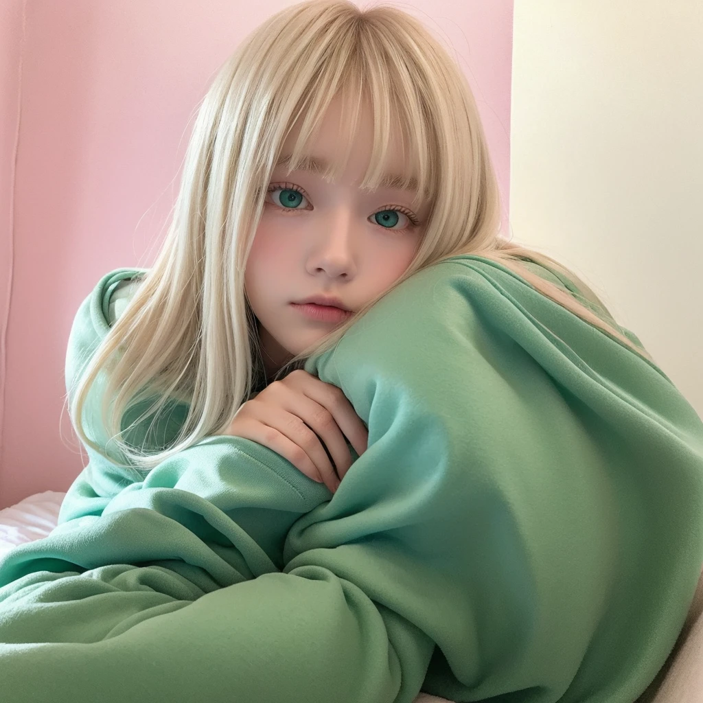 Pale blonde teenage girl with bangs and blue-green eyes soft silky hair, with a long white sweatshirt and white pants sleeping in his room with a pink wall, photo 0.5x