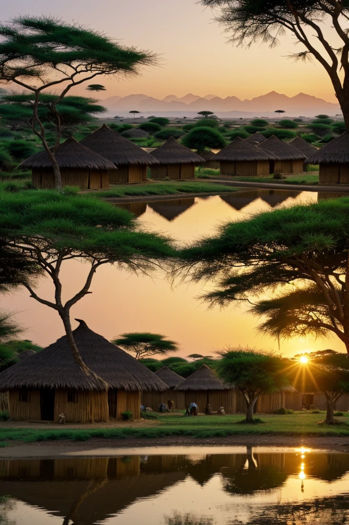 A peaceful African village at sunrise, with traditional huts and villagers starting their day, in a 16:9 aspect ratio.