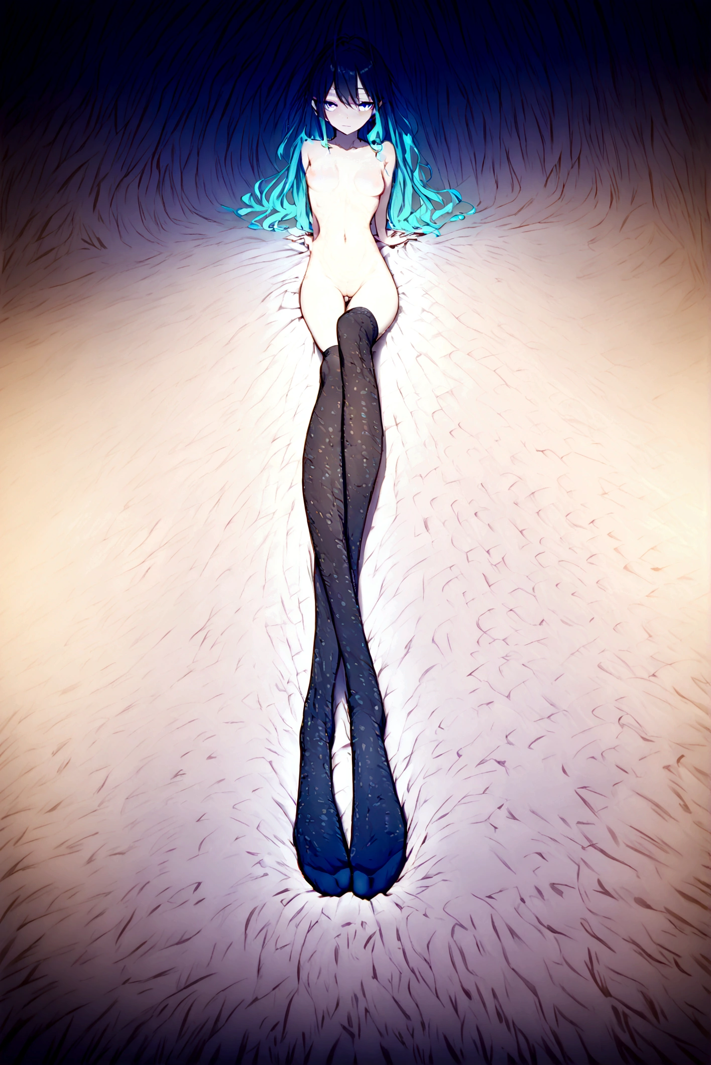 anime girl, naked, showing feet, black thigh highs, big , clean feet