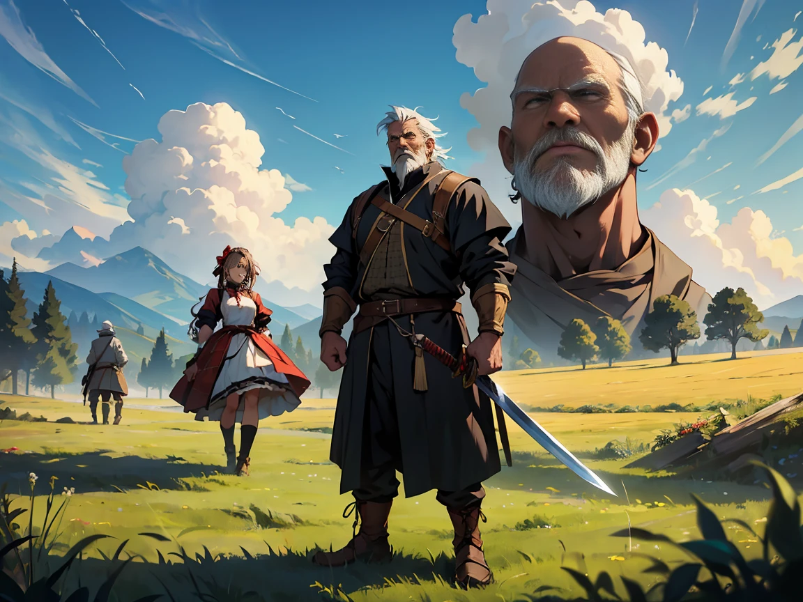 FOUR DISTINCT anime characters in a field a warrior holding a sword at her side a woman with lolita style and black clothes behind them a robust old man lumberjack, and by his side a dwarf miner