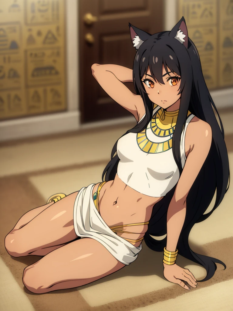 1girl ,solo,20s,mature female,black hair,long hair,cat ears,(((tanned skin))),(egypt room),egypt oufit,bare shoulders,dynamic angle