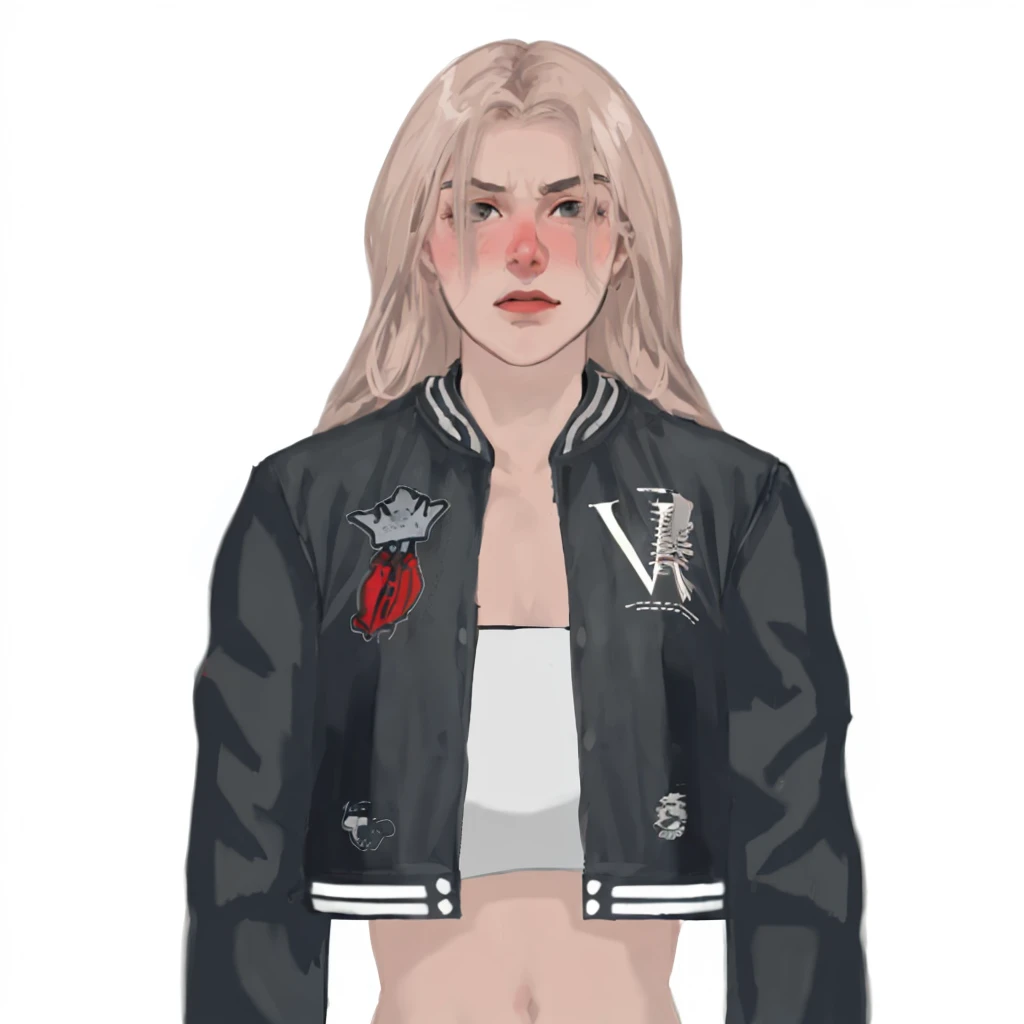 (masterpiece:1.2, best quality), (1girl, solo, upper body:1.2),angry face ,Hair: buzz cut, Clothing: oversized, distressed denim jacket with patches and pins, paired with black skinny jeans and combat boots, Hanging out in an underground music venue or street art exhibit