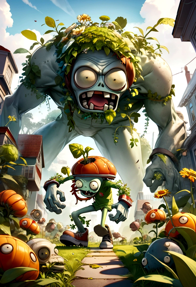 (game, "Plants vs. Zombies"), the plants on the front line take on vivid forms, showcasing their determination and courage in defense. The background is a shattered wall and a shattered sunset, and the camera is a close-up shot to showcase the resilience of the plants, full body, (Photography), panoramic view, award-winning, cinematic still, emotional, vignette, dynamic, vivid, (masterpiece, best quality, Professional, perfect composition, very aesthetic, absurdres, ultra-detailed, intricate details:1.3)