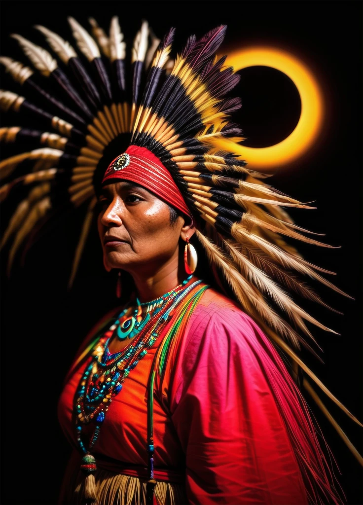 Beautiful Cherokee Indian woman with beautiful terracotta colored headdresses, blackw, doradas, cobre, Pearl, white and beige, feathers made of bright neon of various colors, flares on camera, bokeh, full moon night
