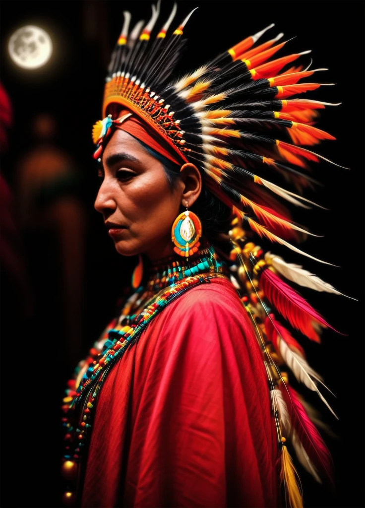 Beautiful Cherokee Indian woman with beautiful terracotta colored headdresses, blackw, doradas, cobre, Pearl, white and beige, feathers made of bright neon of various colors, flares on camera, bokeh, full moon night
