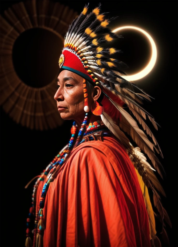 Beautiful Cherokee Indian woman with beautiful terracotta colored headdresses, blackw, doradas, cobre, Pearl, white and beige, feathers made of bright neon of various colors, flares on camera, bokeh, full moon night
