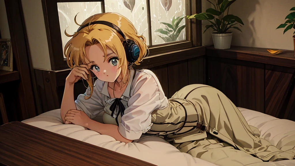 supper:
A young character is lying in his bed, Listening to music on headphones. The room is cozy, with retro 80s decor.

scenario:
A large glass window in the background shows heavy rain outside. Drops run down the window, creating a melancholic and nostalgic environment.

visual style:
80s anime, with distinctive strokes and vibrant colors. Soft lighting inside the room contrasts with the rainy weather.

atmosphere:
Peace and introspection, highlighting the character&#39;s emotional connection to the music and the comfort of his personal space.

Important Details:

Subtle facial expressions to convey emotion.
Detailed animation of rain on the window to emphasize the serenity of the scene.
Soft, relaxing music complementing the contemplative atmosphere.
