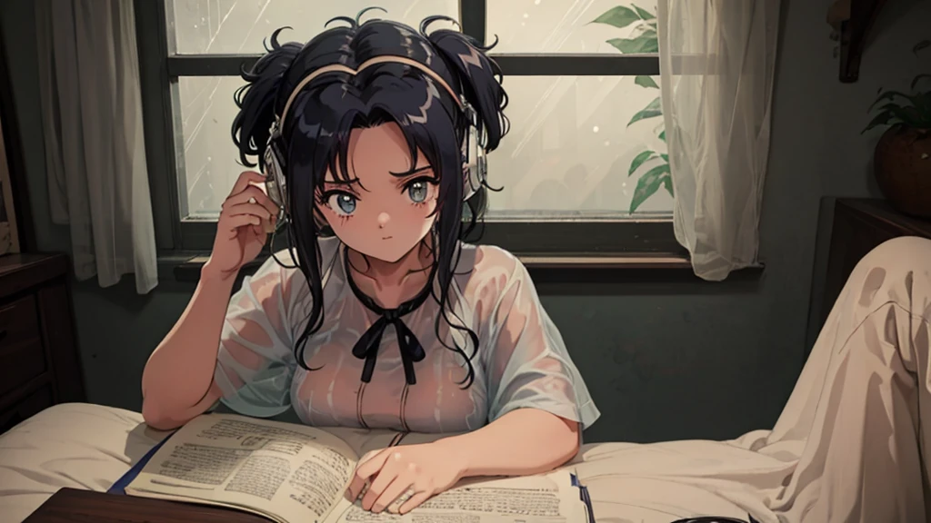 supper:
A young character is lying in his bed, Listening to music on headphones. The room is cozy, with retro 80s decor.

scenario:
A large glass window in the background shows heavy rain outside. Drops run down the window, creating a melancholic and nostalgic environment.

visual style:
80s anime, with distinctive strokes and vibrant colors. Soft lighting inside the room contrasts with the rainy weather.

atmosphere:
Peace and introspection, highlighting the character&#39;s emotional connection to the music and the comfort of his personal space.

Important Details:

Subtle facial expressions to convey emotion.
Detailed animation of rain on the window to emphasize the serenity of the scene.
Soft, relaxing music complementing the contemplative atmosphere.
