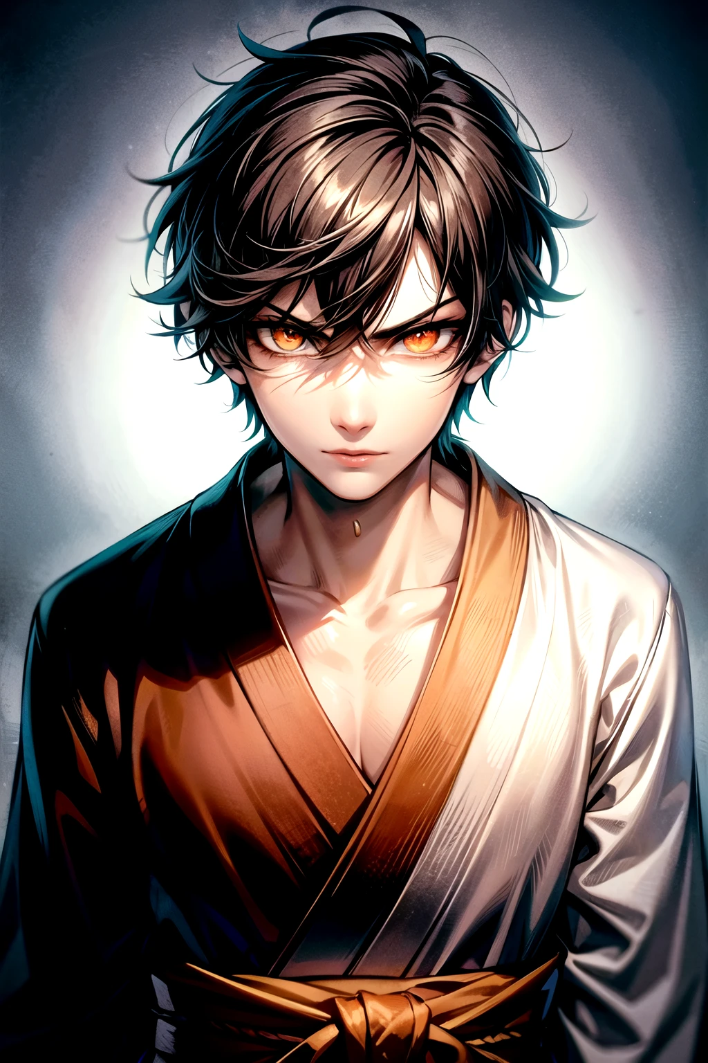 ((best quality)), (detailed), 1boy, 19 years old, black hair, side-shaved haircut, short haircut, monk, orange eyes, ((orange powerful aura)), glowing eyes, menacing pose, ((black kimono)) with orange clothing details, BREAK, solid background, character upperbody portrait