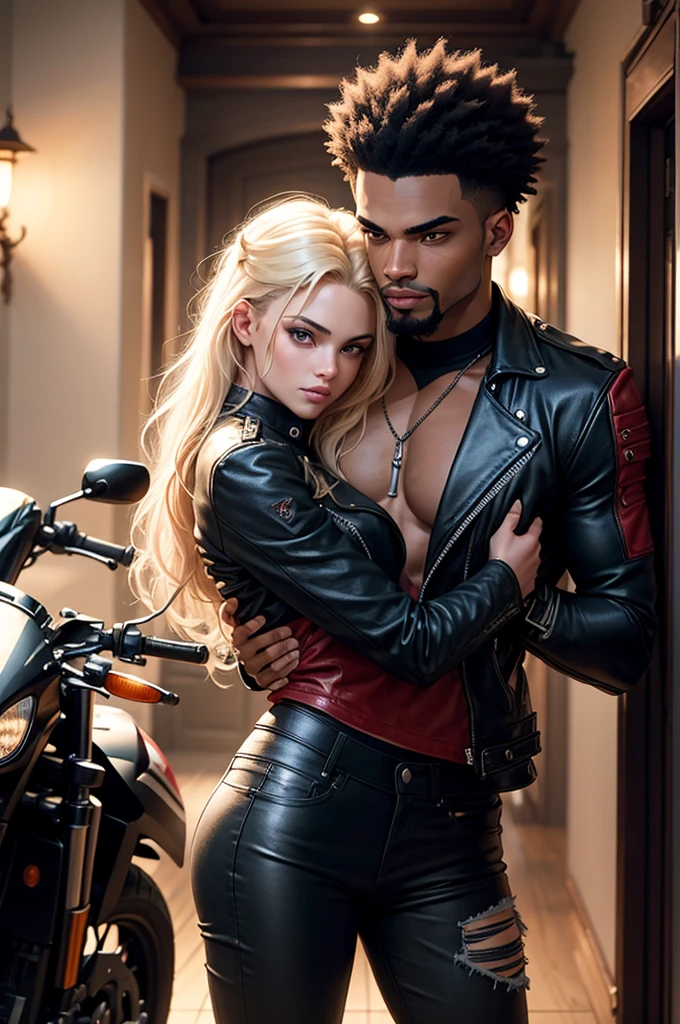 A muscular and sensual young wild and rebellious afro black werewolf, with bright red eyes, all bald and with a goatee wearing a leather biker jacket, stopped, through a small town in the interior of the country at night with a young beautiful blonde woman in sensual uniform standing next to him very well armed with a mischievous smile being tightly hugged from behind by him with the motorcycle in the background