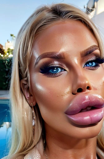 sexy platinum blonde bimbo, blue eyes, makeup, tanned skin, big huge fake lips, big voluminous hair, outside mansion pool, big lips, (enormous lips:1.2), (huge lips:1.1), bimbolips, strong lighting, sunlight, 8k, 4k, intricate, detailed face, detailed eyes (best quality,4k,8k,highres,masterpiece:1.2),ultra-detailed,(realistic,photorealistic,photo-realistic:1.37)
