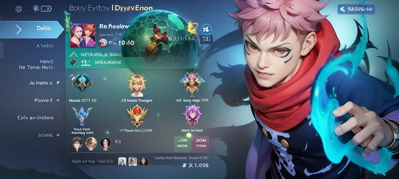 boy with purple hair and red shirt holding a purple ball, Masterpiece, ultra HD, detailed all picture, a close up of a devil, dyrroth from mobile legend, evil, extremely detailed artgerm, mobile legends character, inspired by Dyrroth, Six pack chest and abs, black jewel above the chest, red eyes, glare.