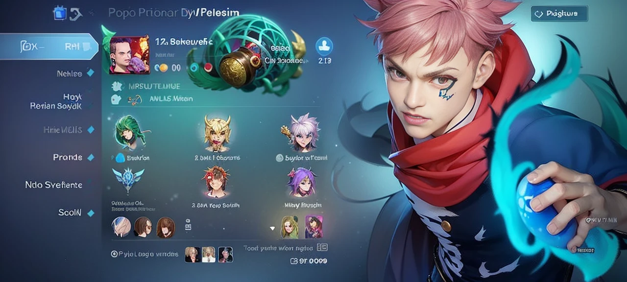 boy with purple hair and red shirt holding a purple ball, Masterpiece, ultra HD, detailed all picture, a close up of a devil, dyrroth from mobile legend, evil, extremely detailed artgerm, mobile legends character, inspired by Dyrroth, Six pack chest and abs, black jewel above the chest, red eyes, glare.