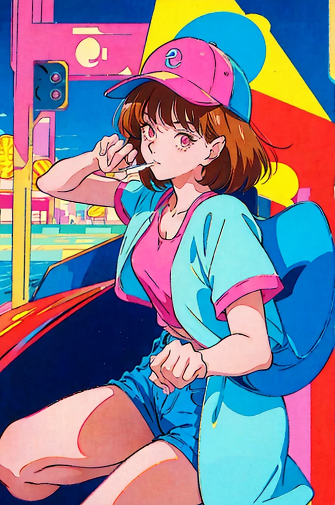Woman in baseball cap,He is holding up a cigarette and smoking.。, Anime atmosphere of the 80s, 90s anime style, 90s anime style, 80s anime style, In 80s anime art style, 90s anime art style, Anime atmosphere, 80s anime art style, 1980's anime style,Neon Light