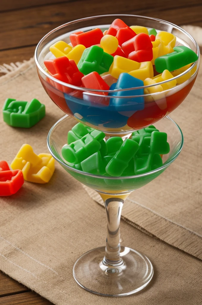 Create a logo with a martini glass promoting enchilada gummies in the shape of dinosaurs that is eye-catching for the public
