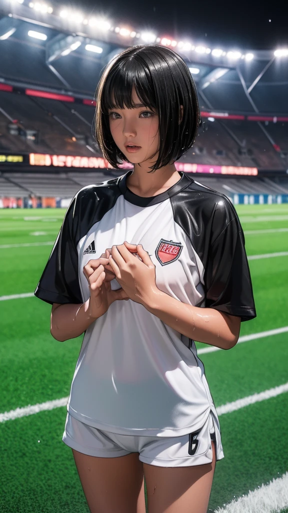 ((-yeld gi Very slim)), rain, heavy rain, Black Hair, Bobcut, Football Stadium, (Soccer uniforms, White, Wet Hair, Wet Skin, Wet clothes)