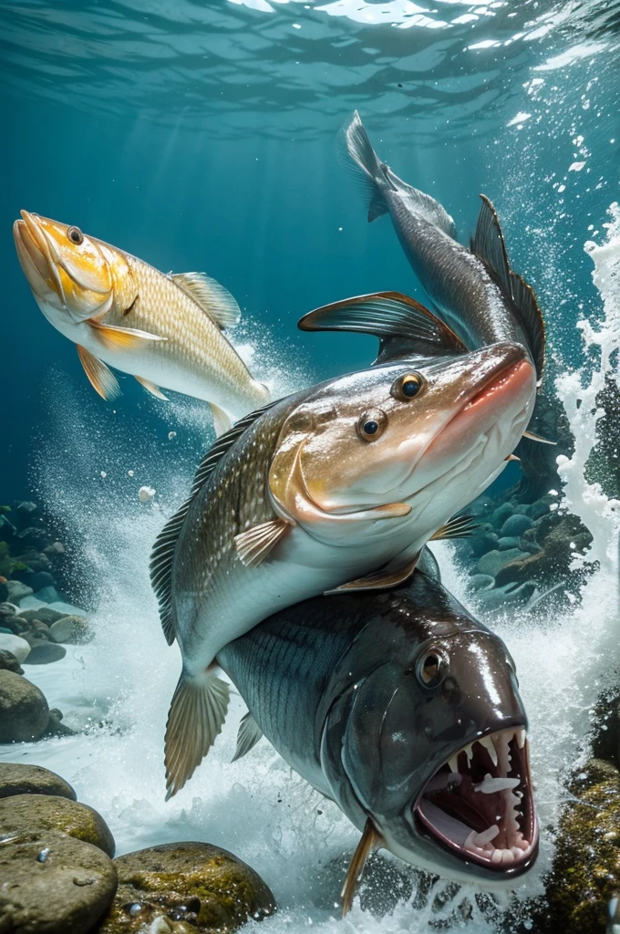 Create image of sea bass jumping out of the water with artificial shrimp bait in its mouth