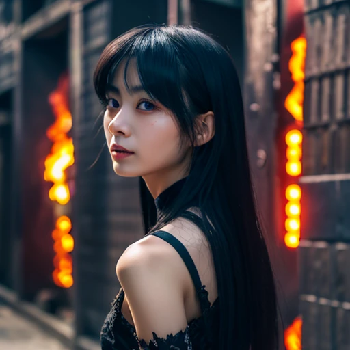 1 female demon, Japanese, Asian eyes, ultra-detailed face and eyes, hyper realistic, realistic depiction, 30 years old, wearing a long black dress, she is walking through hell, full body view