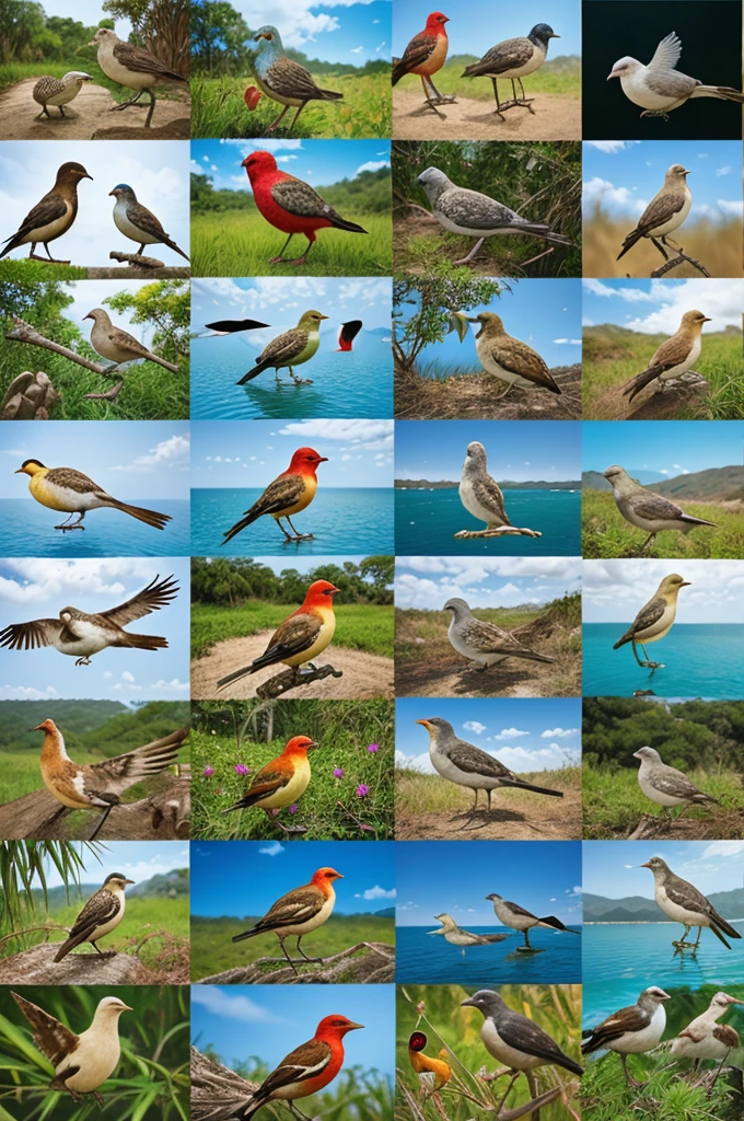 A collage of realistic photographs showcasing various bird species from around the world. Include diverse habitats, vibrant colors, and unique features to highlight their distinctiveness.
