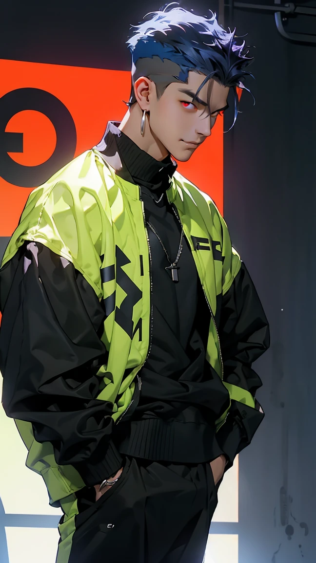 highest quality, 8K, high resolution image, anime style Jujutsu Kaisen, (Gilgamesh | Fate), detailed strokes, bored look , blurred, purple light reflecting from it, (close angle), 1 man, young, male, model, hand in pocket, cool guy, multicolored Background with various geometric shapes, around stickers, muscular, dark Blue hair, Hairstyle, Hairstyle:Undercut, Red eyes, short Hair, Blue hair, highlighted hair ,swollen chest, He is wearing a black sportjacket and black sweatpants, Black Sportjacket, black sweatpants and a gold link chain, sweatpants, Background: Room,