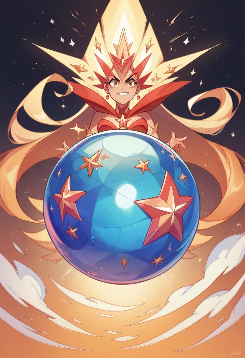 Image of a crystal ball, magical power inside the ball , horoscope tellers ball , ball kept on the top of a golden stand , dark background , dark clouds , thunder in the clouds