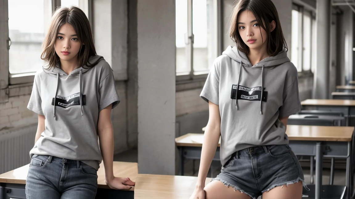 deux femmes ensemble de 18 ans sexy et mince , gray short sleeve hoodie , salle de classe, se touche,position sey,sensuel