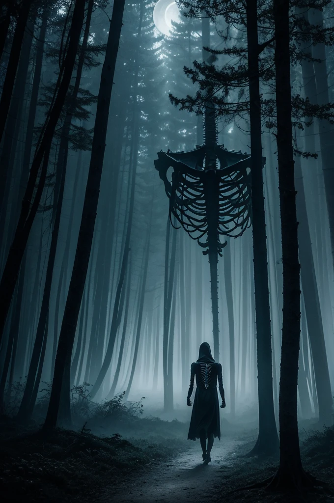 Moonlit, dense forest enshrouded in a thick, dark mist. Lone, melancholic skeleton, slow stride, profound, enchanting gaze, contributing to the mysterious ambiance.