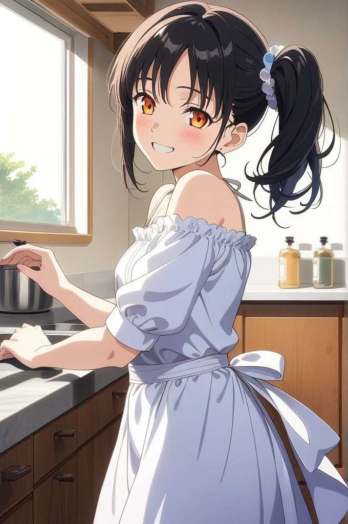 best quality, amazing quality, very aesthetic, absurdres, (1girl,solo, orange eyes, black hair, side ponytail), (realistic face:0.9),(off-shoulder dress:1.8),dress lift, (grin, blush, thigh:1.3), (cowboy shot), (glowing eyes), (half closed eyes:0.9), (from side:2),(official art:1.3), (kitchen), expressive eyes, perfect face, 4k, extremely detailed anime illustration, extremely detailed eyes, perfect anatomy, light rays, extremely delicate body, smooth skin, (school background:1.5), clear eyes, beautiful face, small breasts,(anime style:1.7), (Warm Light:1.5),(white skin), (highres:2), In the kitchen, brightly lit by the morning sun, a woman in a white apron is smiling at us. In her right hand is a handful of rice balls, and in her left is a small white plate filled with salt. Her smile is as if she is saying, "Look, it's almost ready.