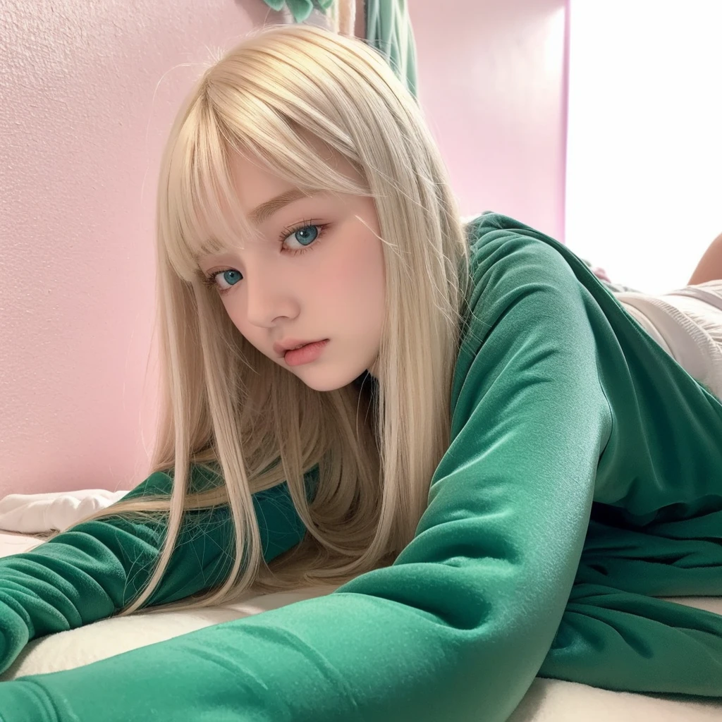 Pale blonde age girl with bangs and blue-green eyes soft silky hair, with a long white sweatshirt and white pants sleeping lying down in her room with a pink wall, photo not mode 0.5x