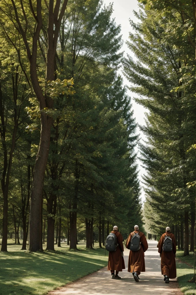 Franciscan friars with backpacks walking along a path with trees