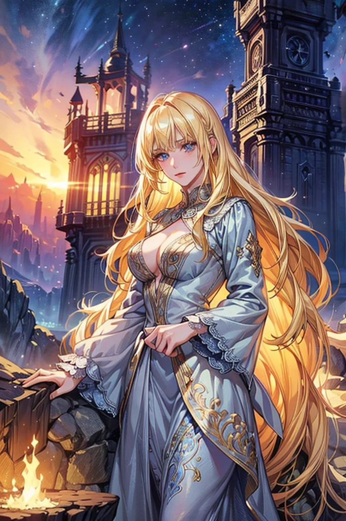 a beautiful young blonde saintess, fantasy world, detailed face and eyes, long hair flowing, elegant underwear, detailed intricate design, volumetric lighting, cinematic lighting, fantasy landscape, serene environment, vibrant colors, seductive, sexy, detailed