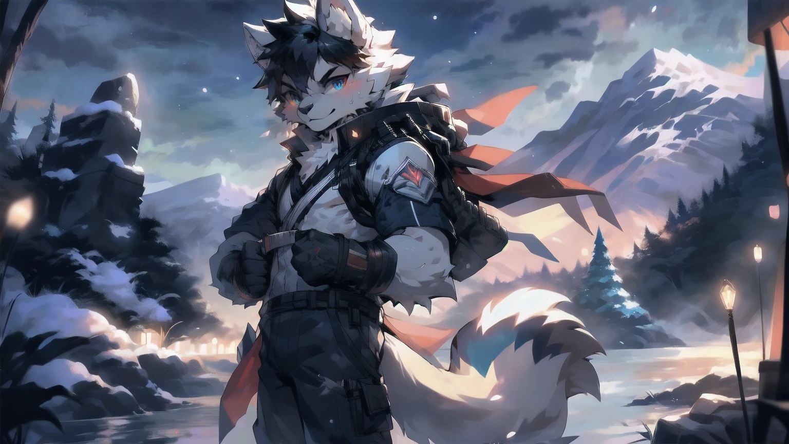 White Wolf,male,juvenile,black hair,Sky blue eyes,hairy,hairy脸,Wolf ears,Wolf Tail,arm,White top,Black pants,Combat uniform,Snow Mountain,Snowy Night,snow,walk,bust,With a long knife on his back,The handle is exposed,Hand clenched into fist,the climb,A firm look,Confident expression