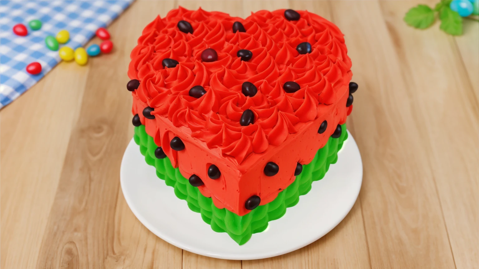 on a wooden table, there is a heart-shaped cake on a white plate,. red and green cream cake. there is a blue checkered tablecloth on the table next to it, scattered rainbow jelly beans, chamomile lies, Multiple light sources, bright lighting, Realistic style , realistic texture, detailed texture, A high resolution, high quality, macro photo, ultra hd 4k quality.